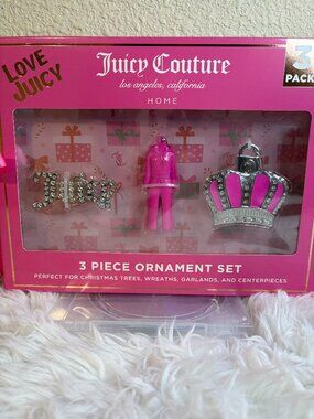 Juicy Couture Love Juicy 3 Piece Hot Pink & Silver Christmas Ornament Set NWT
